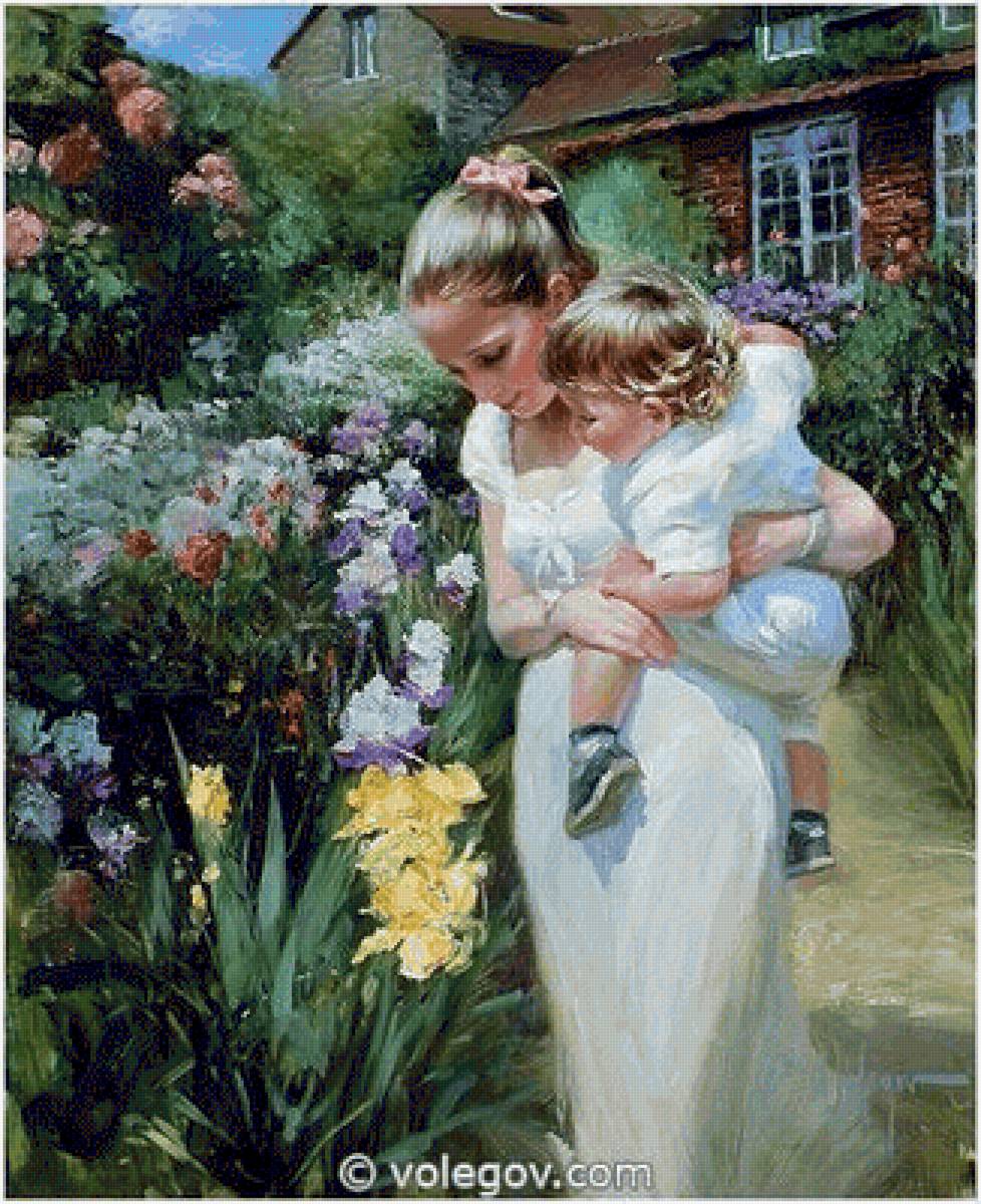 Мать и дитя - сад, цветы, женщина, дом, ребенок - предпросмотр