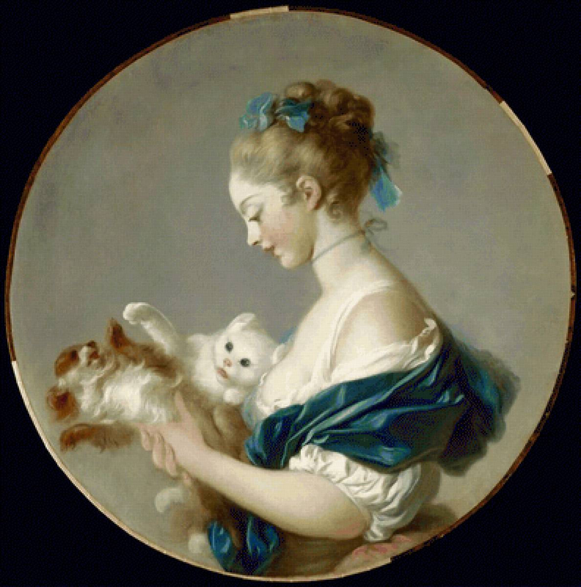 Жан Оноре Фрагонар. Девушка с котёнком и щенком - 19 век, котенок, живопись, девушка, портрет, щенок - предпросмотр