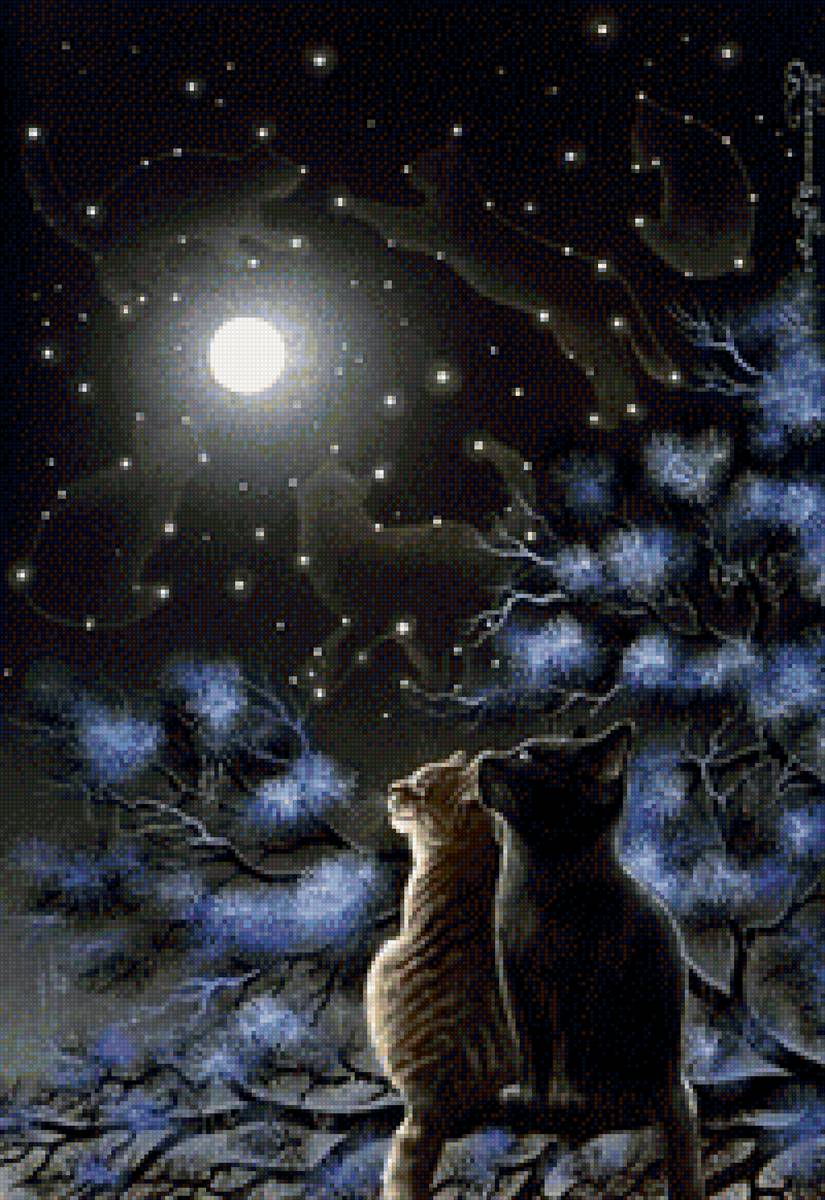 Лунные коты - ночь, кошки, луна - предпросмотр