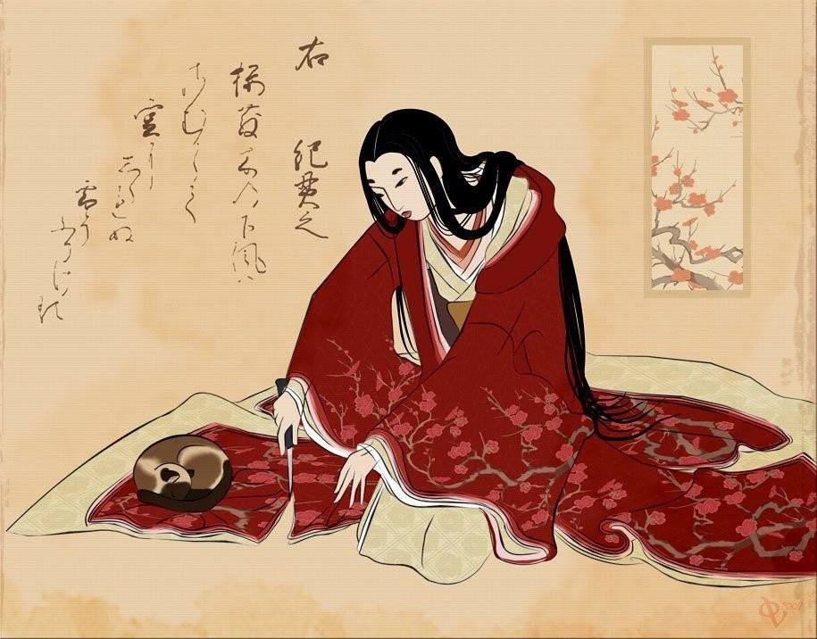 Японка, отрезающая полу кимоно, чтобы не разбудить кошку - внимание, кимоно, япония, женщина, кошка, забота - оригинал