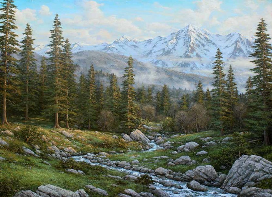 Пейзаж - река, лес, горы - оригинал