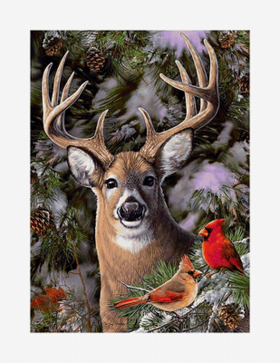 Олень в зимнем лесу. - олень, живопись, птицы, зима, лес - предпросмотр