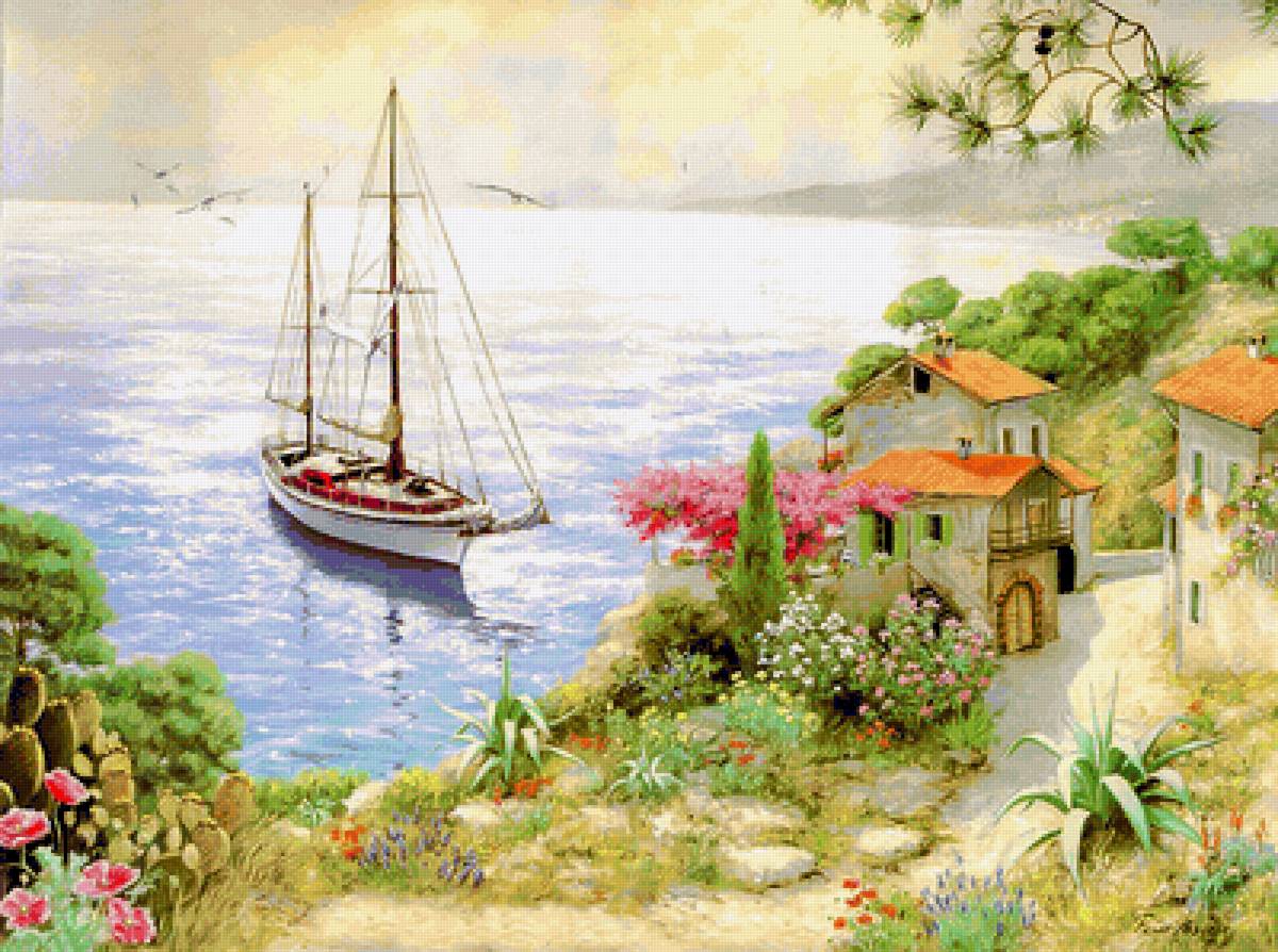 Mediterranean View. - seascape.flowers and gardens.birds. - предпросмотр