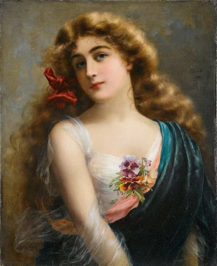 Эмиль Вернон. Девушка с бантом - девушка, живопись, 19 век, портрет - оригинал