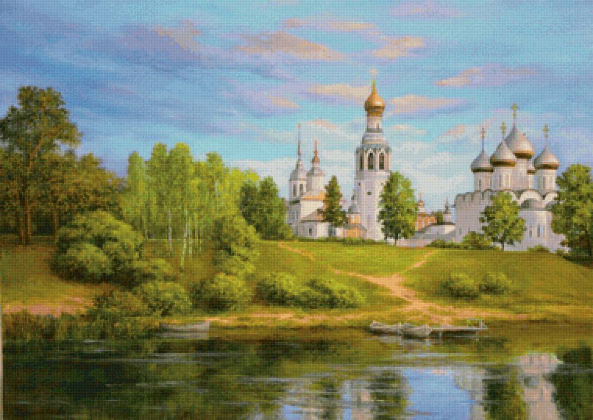 Храм - храм, берег, деревья, пейзаж, лес, религия, лето, река, вода - предпросмотр