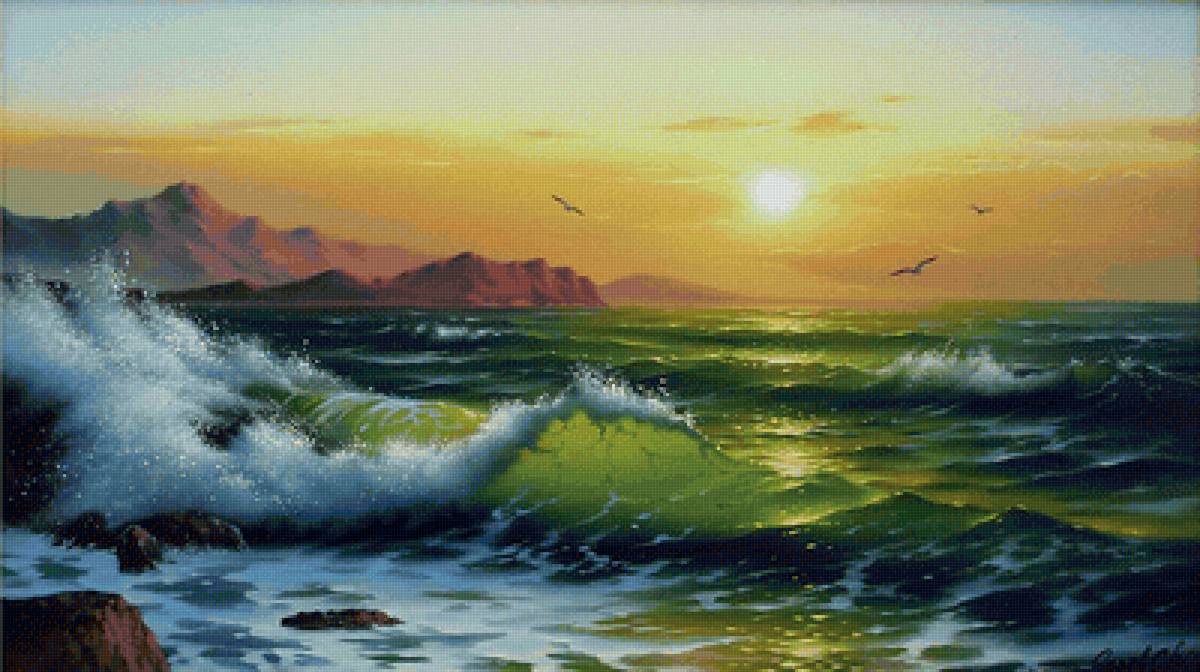 Морская волна - солнце, волна, скалы, птицы, пейзаж, море, чайки - предпросмотр