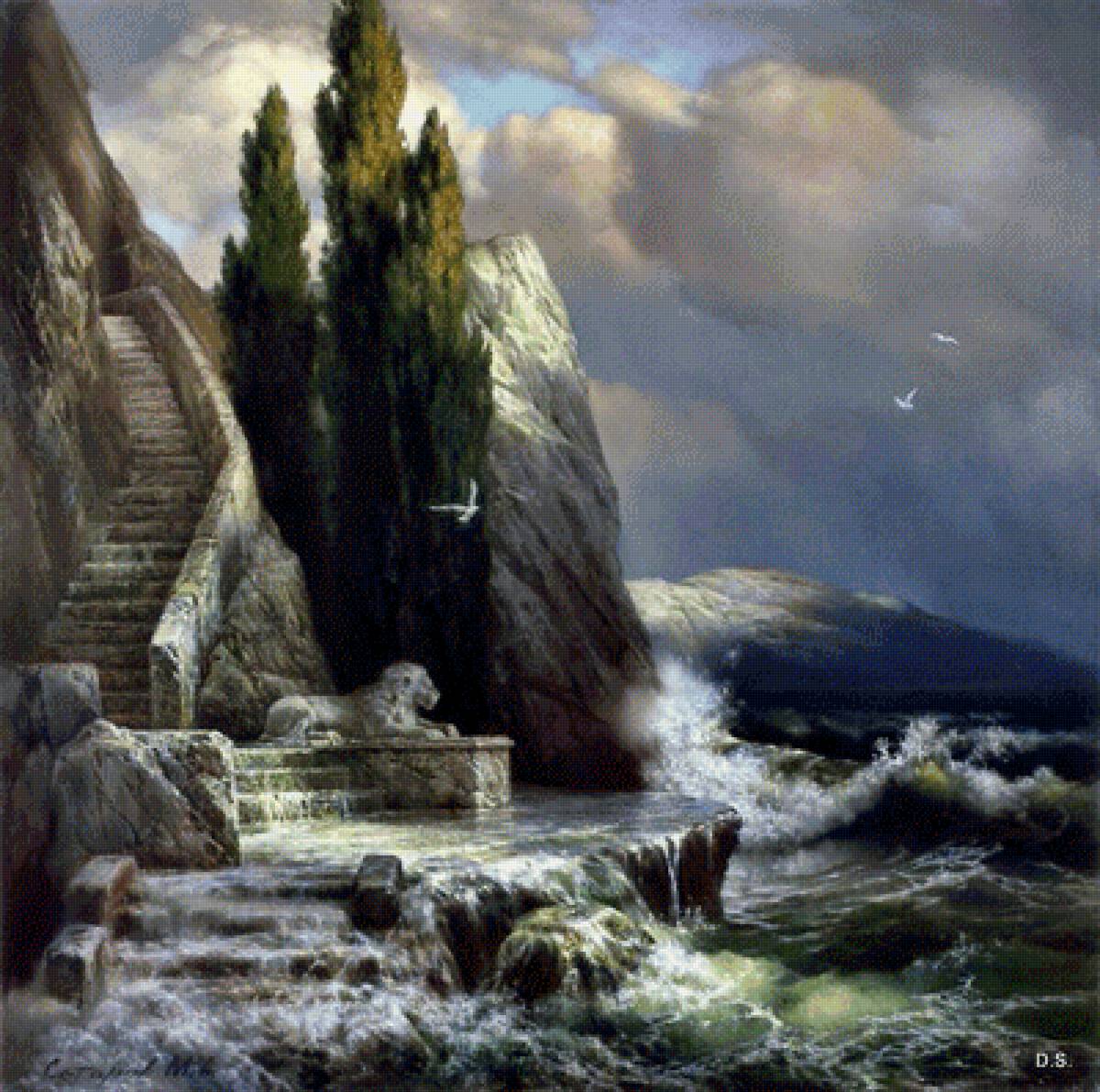 прибой - лестница, кипарисы, море, чайки, берег - предпросмотр