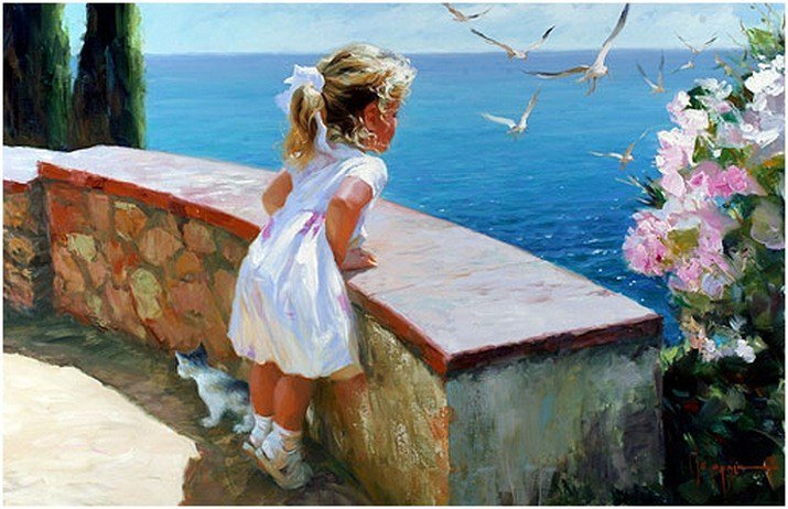 любопытство - чайки, котенок, девочка, море - оригинал