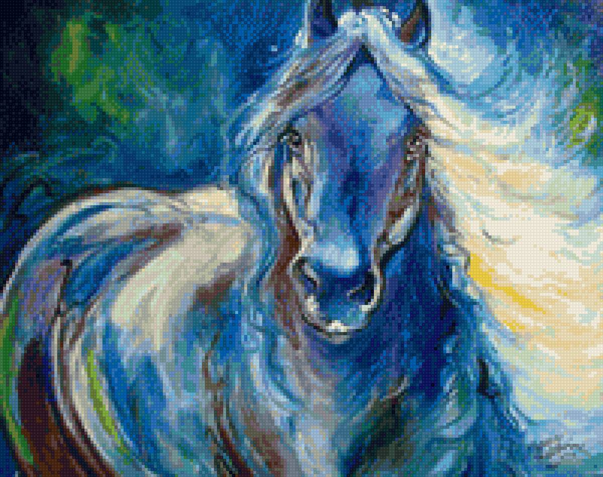 сине-зеленая лошадь - кони, природа, лошадь, лошади, настроение, живопись. - предпросмотр