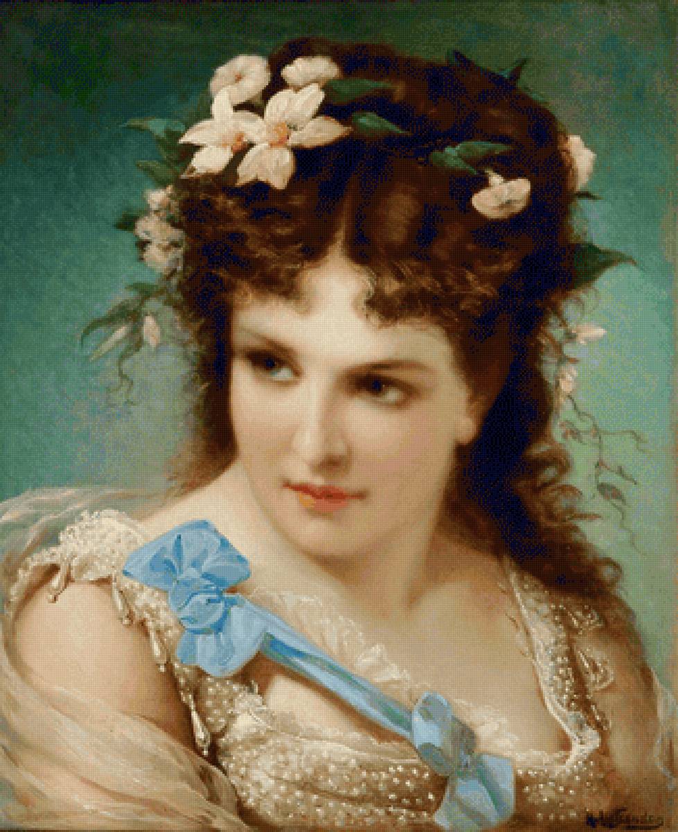 Joseph Nicolas Hippolyte. Девушка с цветами в волосах - девушка, живопись, 19 век, портрет - предпросмотр