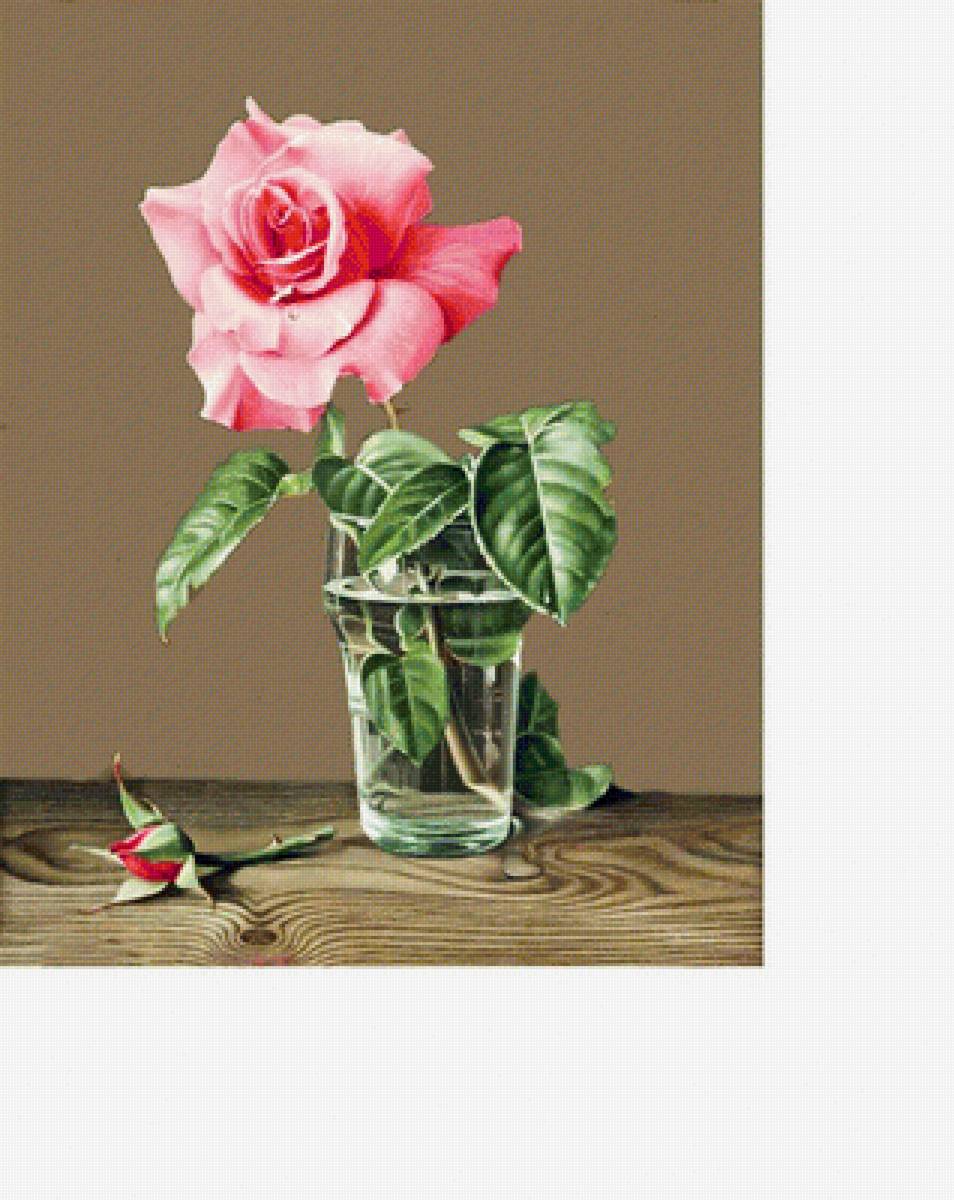 Роза в стакане - цветы, роза, ваза, натюрморт, бутон, роса, живопись, стекло - предпросмотр