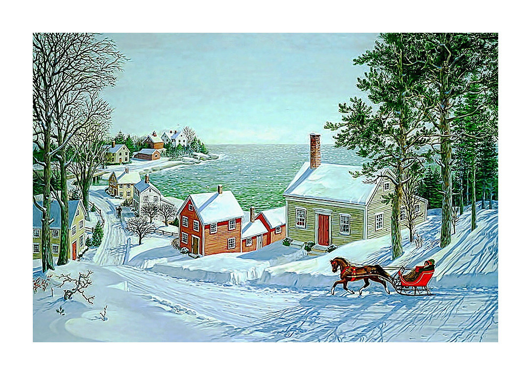 №2154565 - зима, сани, сосны, лошадь, поселок, домик - оригинал