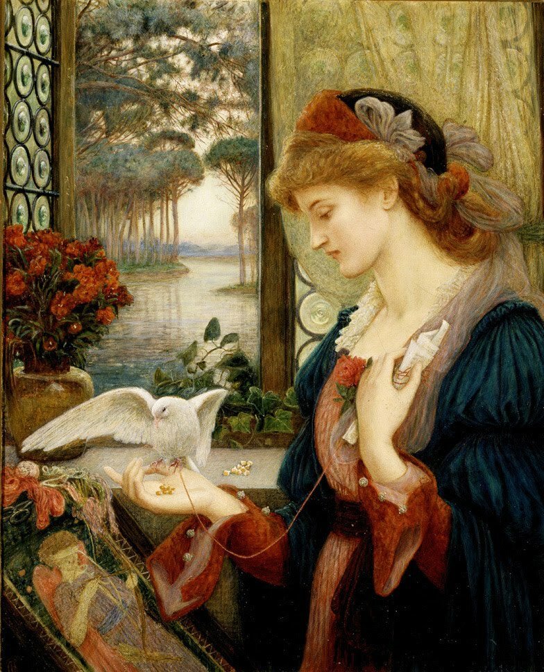 Marie Spartali Stillman. За вышиванием - живопись, голубь, девушка, 19 век, портрет - оригинал