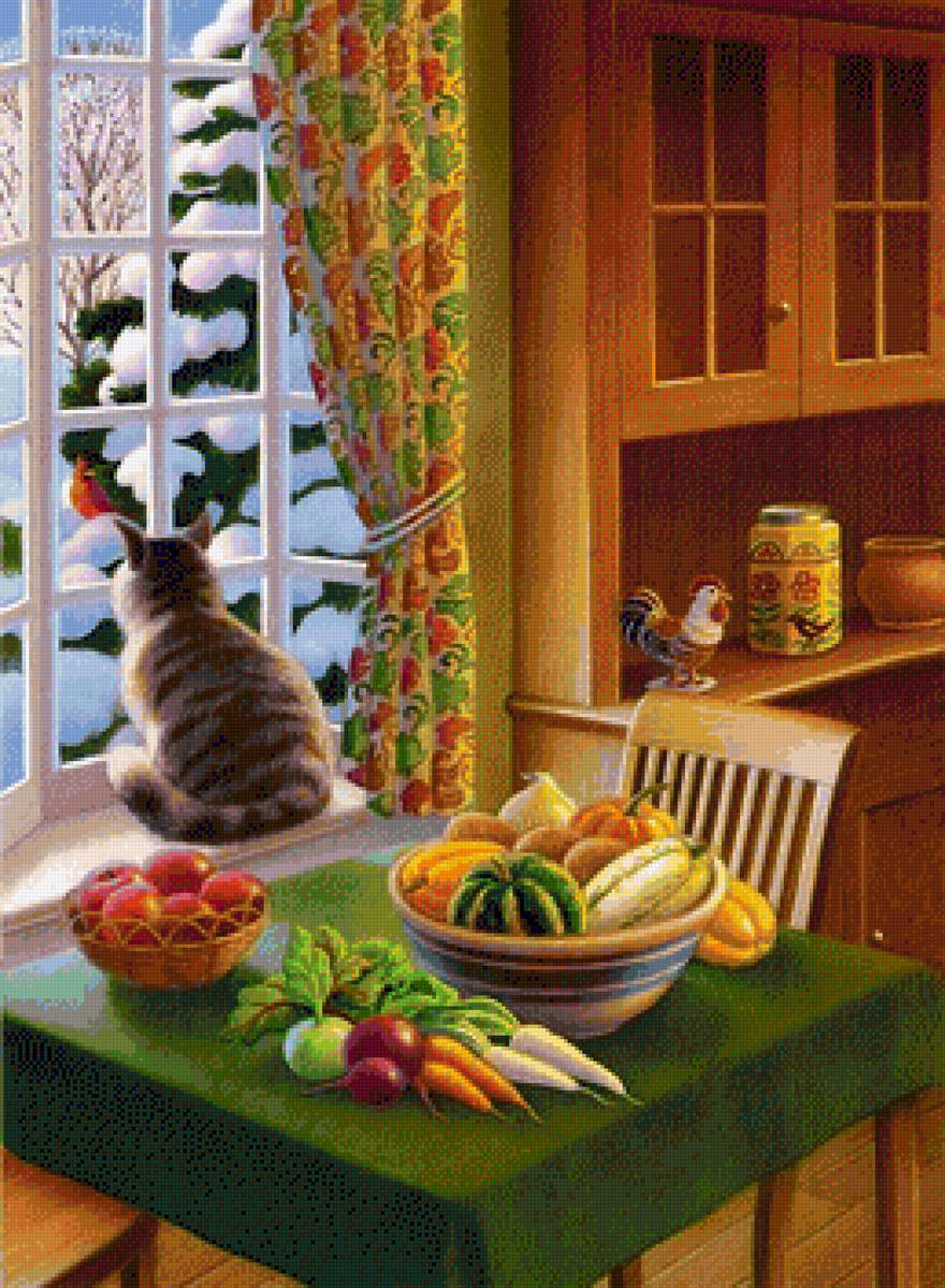 Кот у окна - птицы, зима, кошки, овощи, кухня - предпросмотр