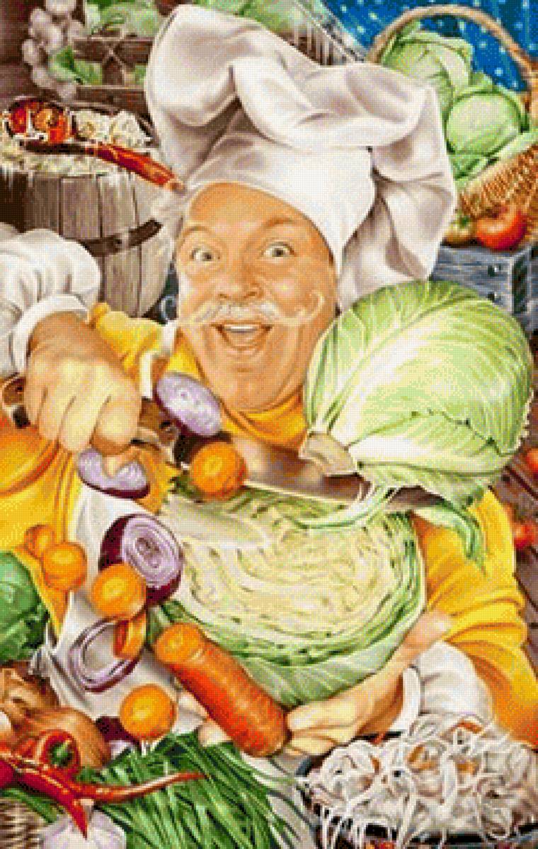 Веселый повар - повар, овощи, мужчина, кухня - предпросмотр