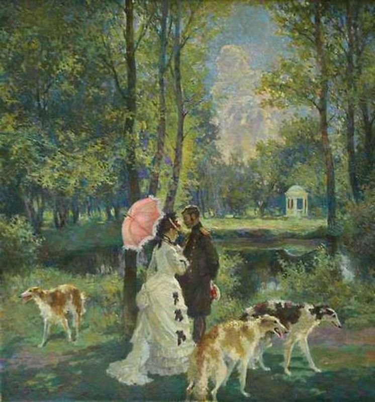 Свидание - беседка, дама, сад, офицер, борзые - оригинал