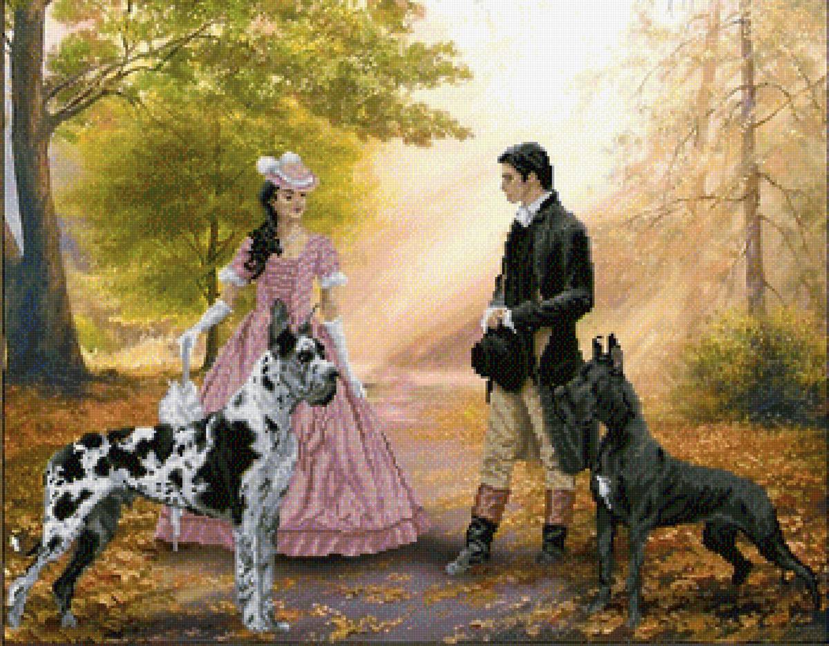 Две пары - собаки, осень, лес, мужчина, дама - предпросмотр