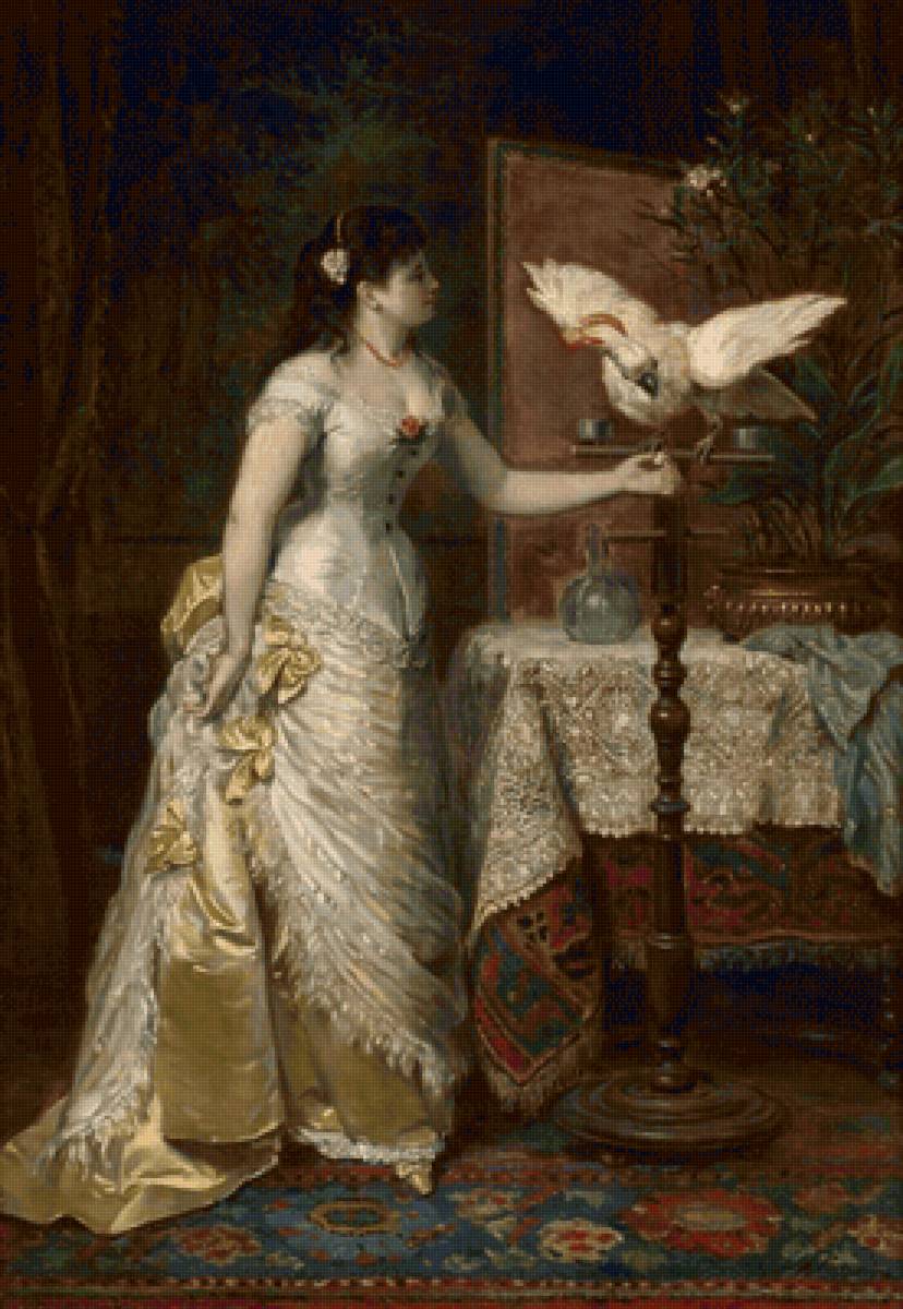 Дама с попугаем. Herman Maurice Cossmann - дама, девушка, женщина, попугай, портрет, живопись, 19 век - предпросмотр