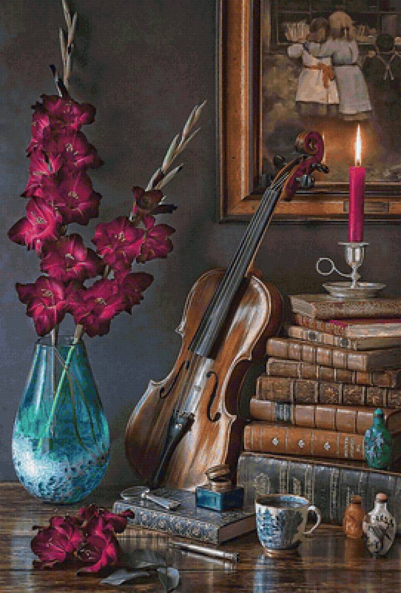 №2157003 - натюрморт, скрипка, свеча, цветы, книги, гладиолусы - предпросмотр