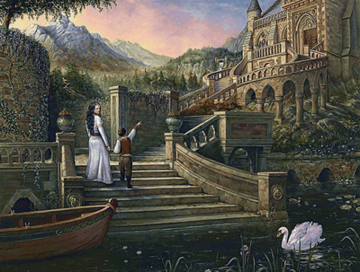 №2157011 - лодка, лебедь, люди, замок, горы, лестница - предпросмотр