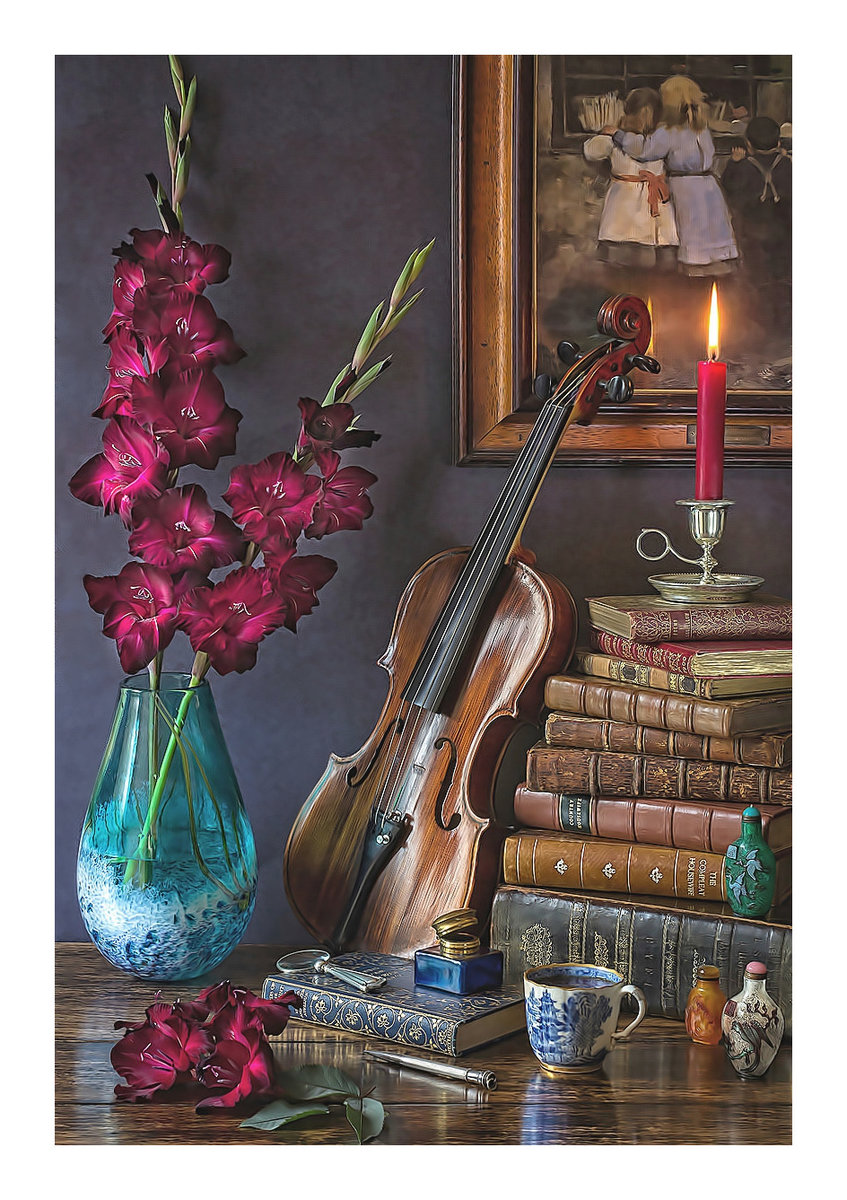 №2157016 - гладиолусы, цветы, скрипка, свеча, книги, натюрморт - оригинал