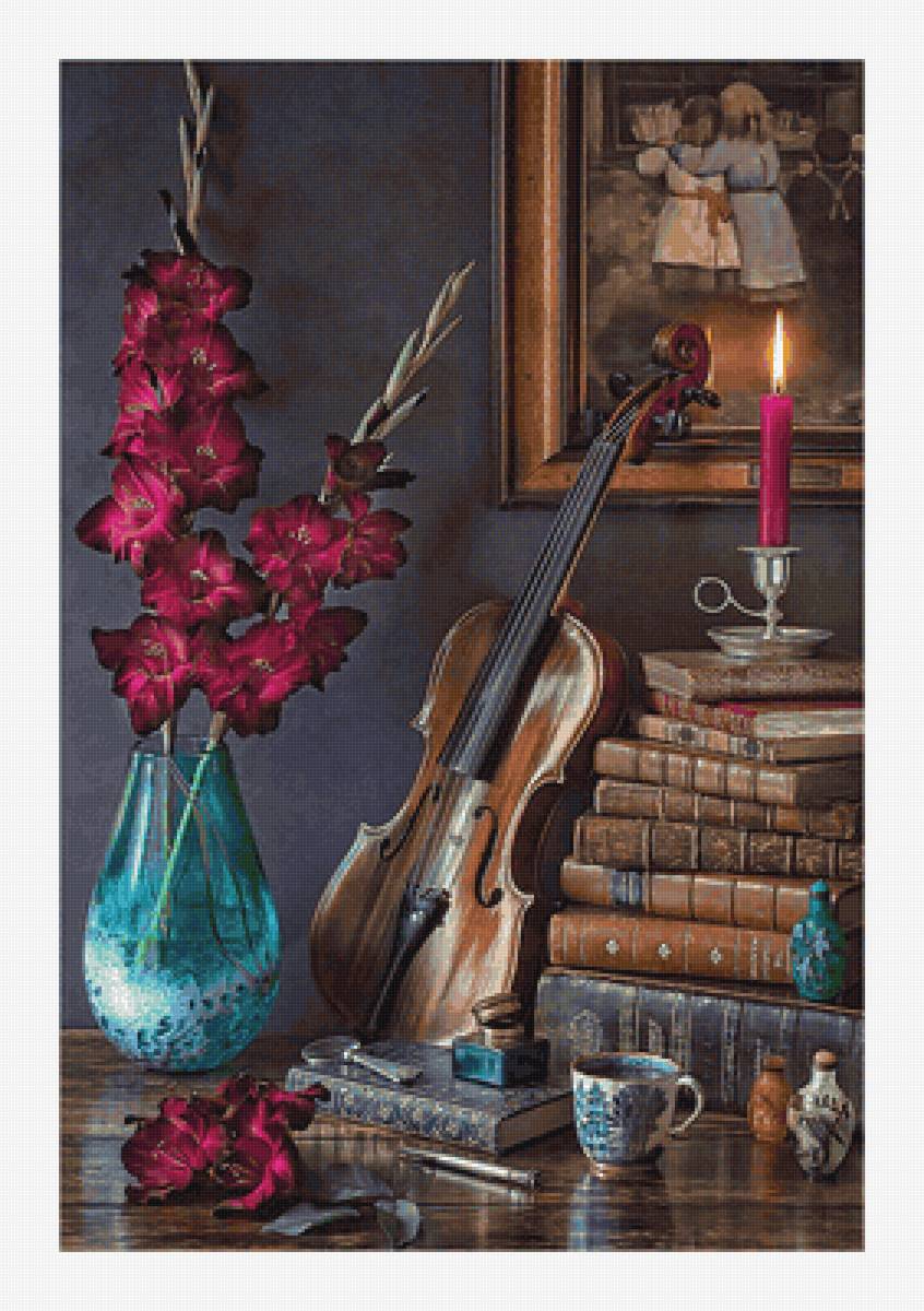 №2157016 - свеча, скрипка, книги, гладиолусы, натюрморт, цветы - предпросмотр