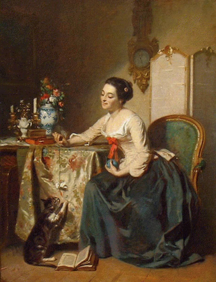 Девушка, играющая с кошкой. Жозеф Коро - девушка, кошка, 18 век, игра - предпросмотр