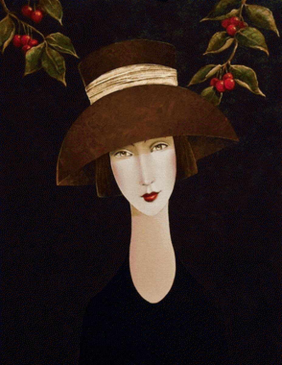Женщина в шляпе - портрет, лицо, девушка, женщина, вишня - предпросмотр