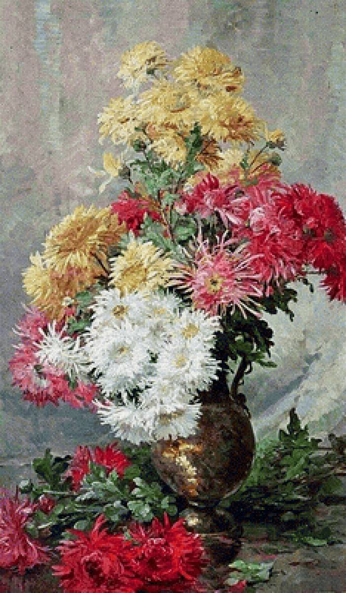 цветы в вазе - ваза, гобелен, хризантемы, цветы - предпросмотр