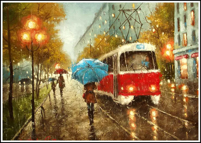 В городе дождь - рисунок, пейзаж, дождь, город - оригинал