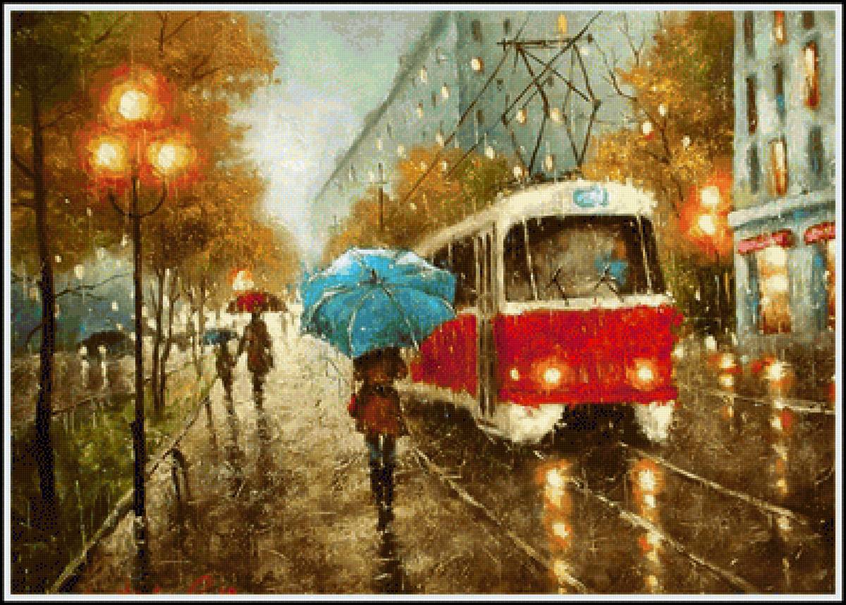 В городе дождь - дождь, город, рисунок, пейзаж - предпросмотр