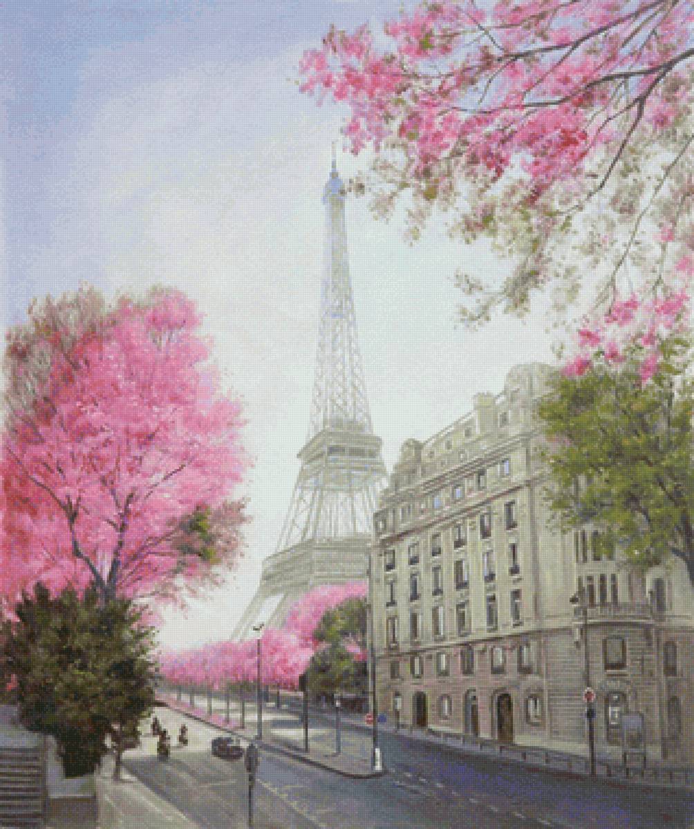Париж (Художник А.Ромм) - эйфелева башня, город, париж, улица, пейзаж, весна - предпросмотр