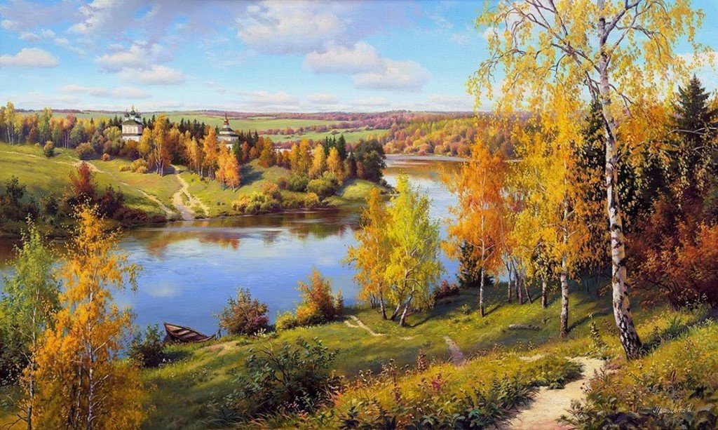 Солнечная осень - лес, деревья, осень, река, пейзаж, природа - оригинал