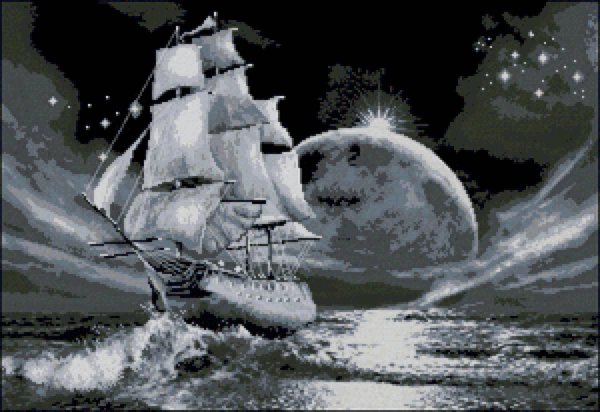 Путь в ночи - луна, ночь, море, корабль - предпросмотр