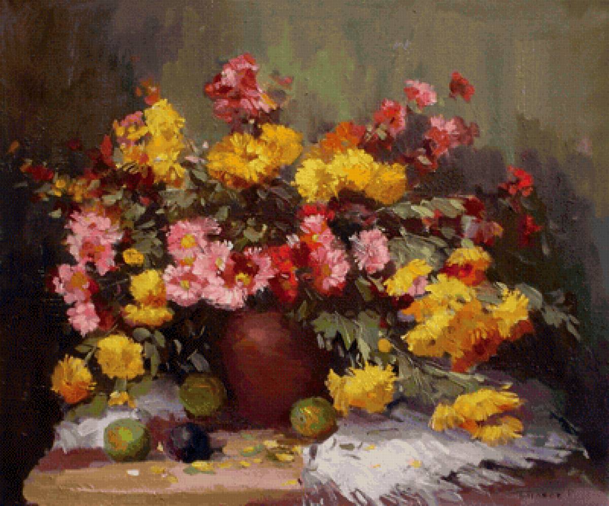 хризантемы - цветы, ваза, хризантемы, гобелен - предпросмотр