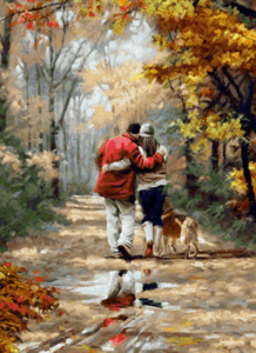 Прогулка - лес, пара, собака, дорога - предпросмотр