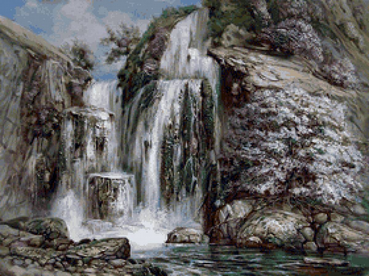 Крутой водопад - скала, река, вода, куст - предпросмотр