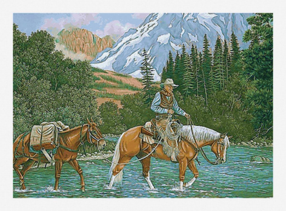 №2160114 - лес, река, горы, лошадь, всадник - предпросмотр