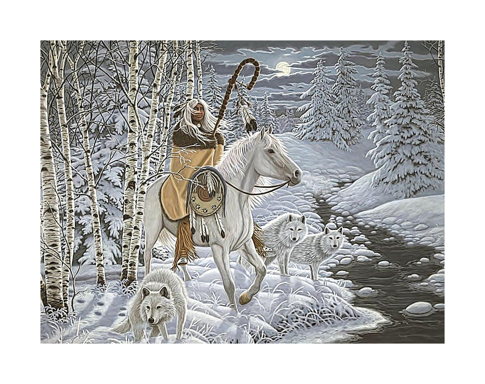 №2160115 - шаман, лошадь, лес, ночь, зима, река, всадник, волки, горы - оригинал