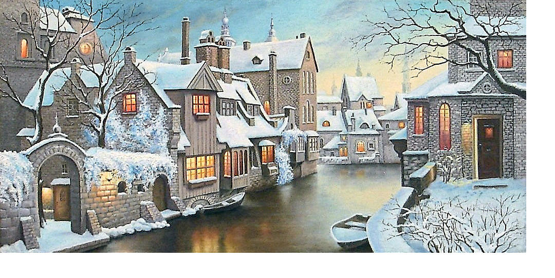Городской пейзаж - вечер, река, снег, дома, зима - оригинал