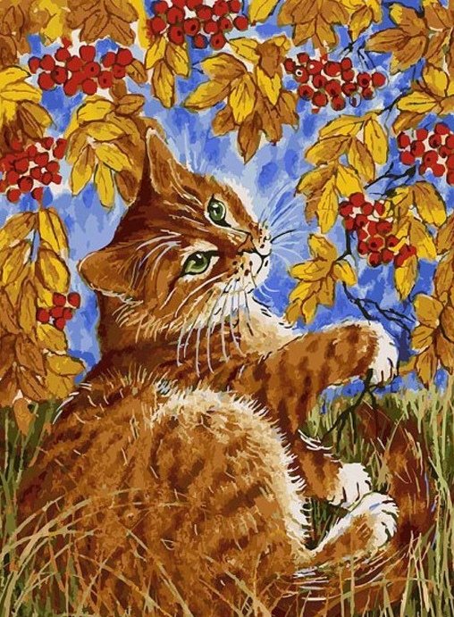 Рыжая осень - рябина, кот, осень - оригинал