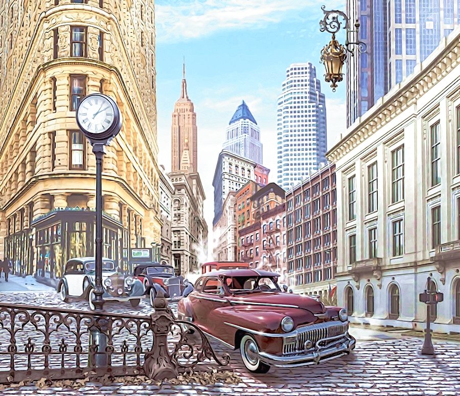 №2161048 - часы, фонарь, машины, городской пейзаж, улица - оригинал