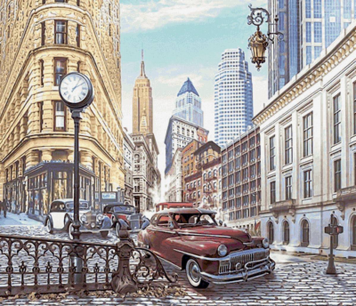 №2161048 - городской пейзаж, улица, часы, машины, фонарь - предпросмотр