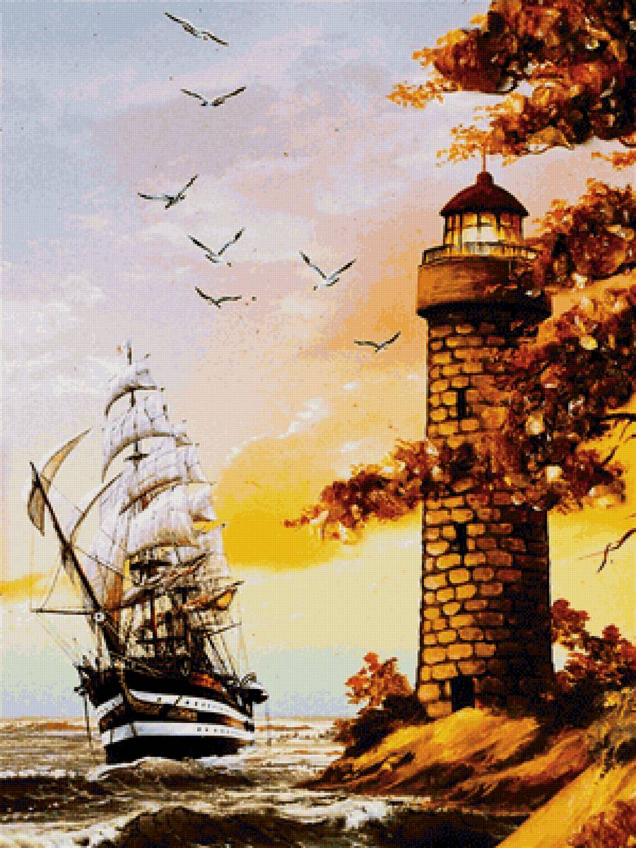 Парусник - маяк, море, берег, парус, чайки - предпросмотр