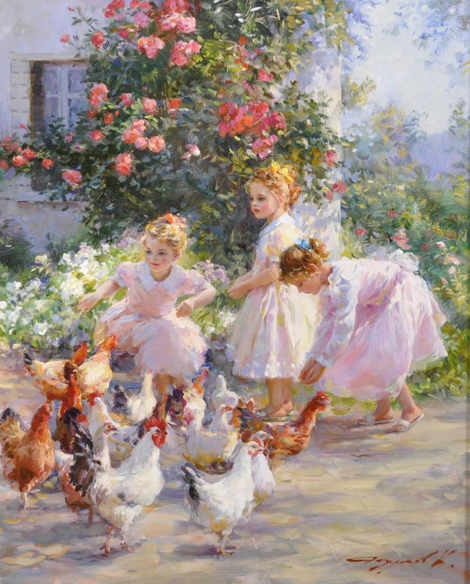Girls feeding chickens - оригинал