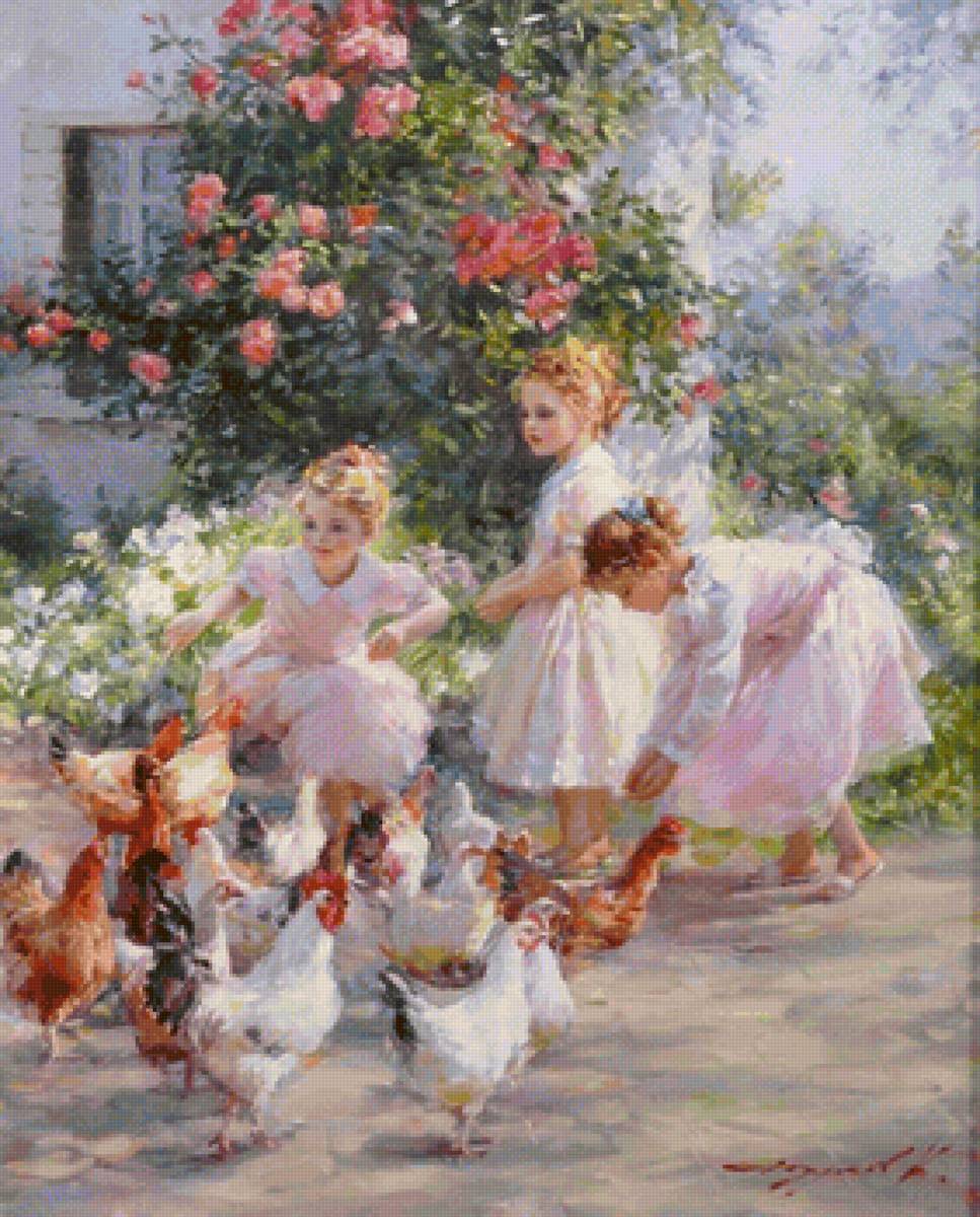 Girls feeding chickens - предпросмотр