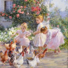Схема вышивки «Girls feeding chickens»