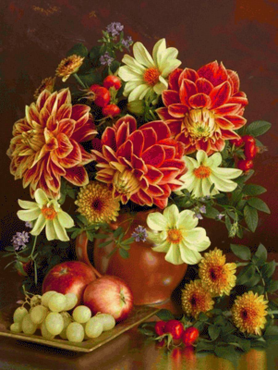 цветы в вазе - хризантемы, гобелен, ваза, виноград, цветы - предпросмотр