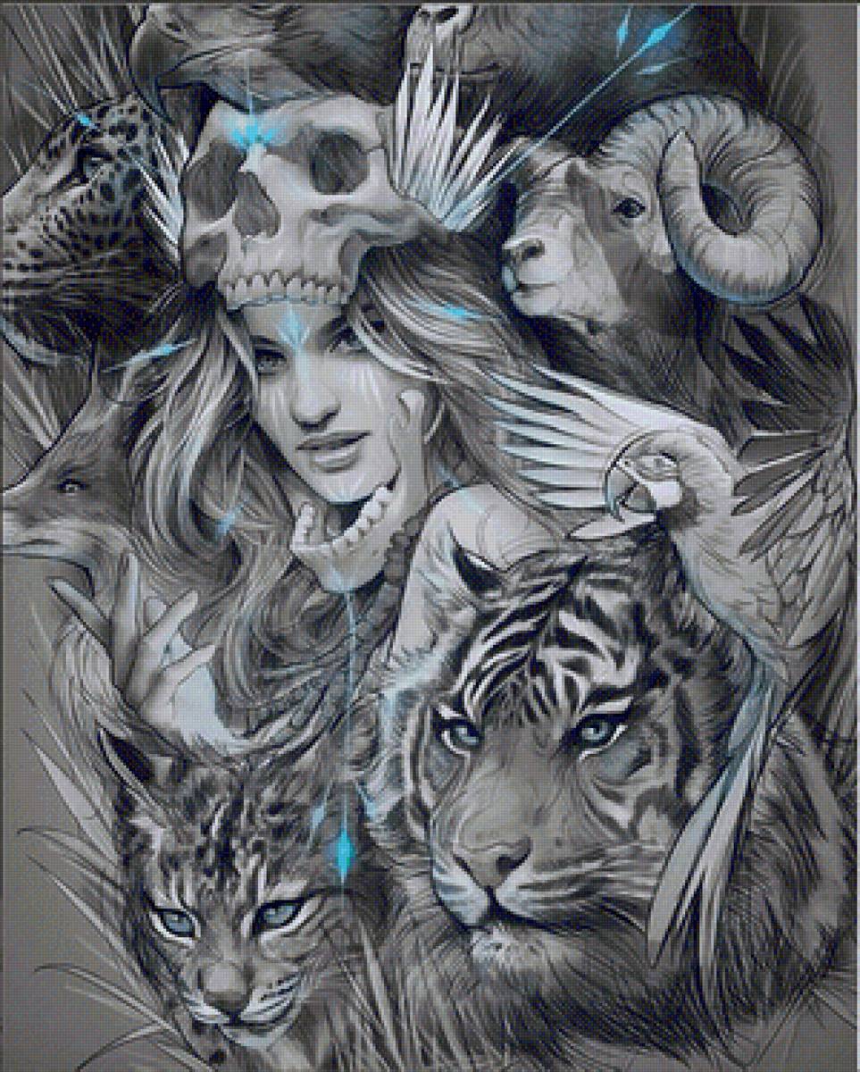 Тотем - животные, дикие, фэнтэзи, девушка коллаж - предпросмотр