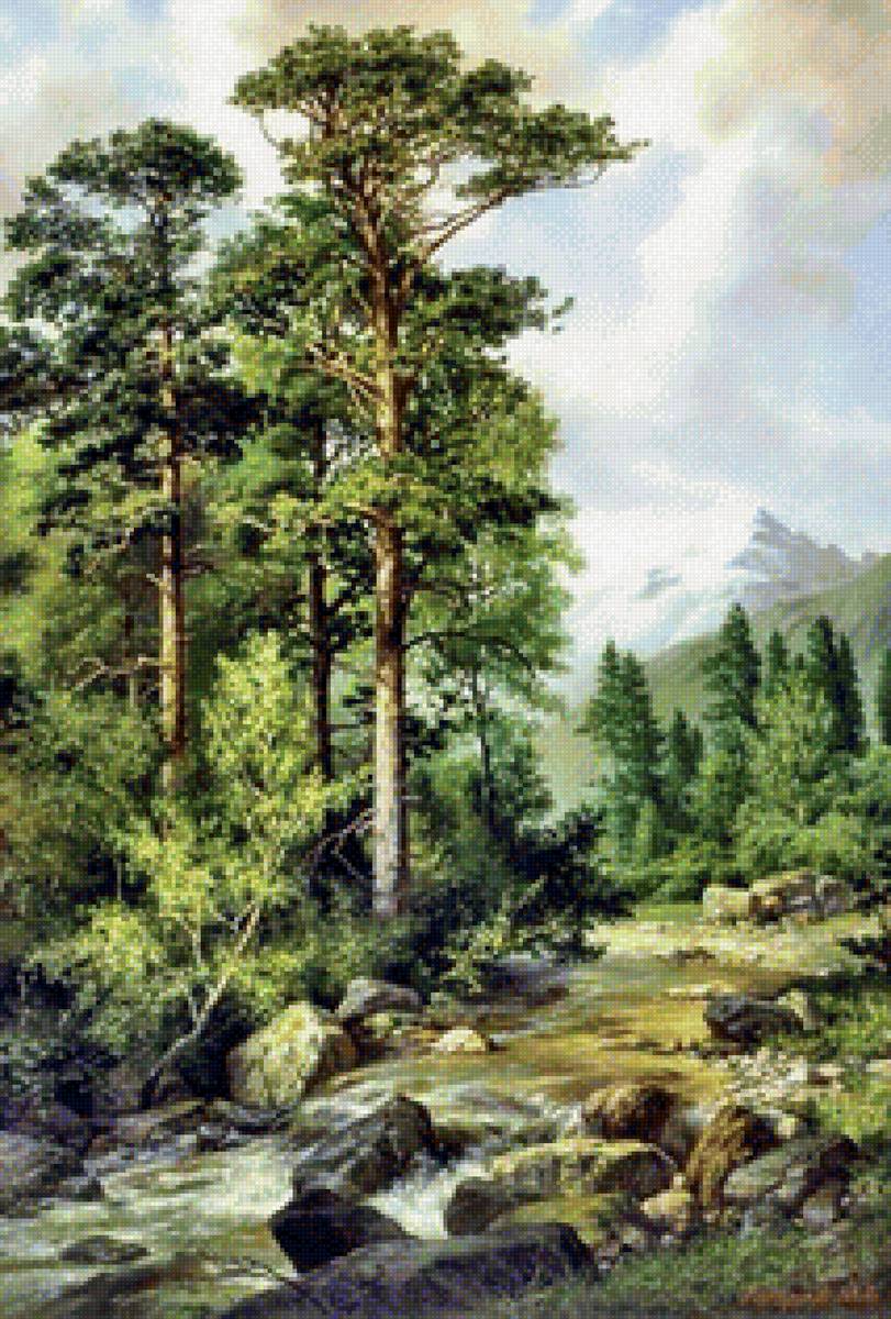 Пейзаж 33 - лес, река, горы - предпросмотр